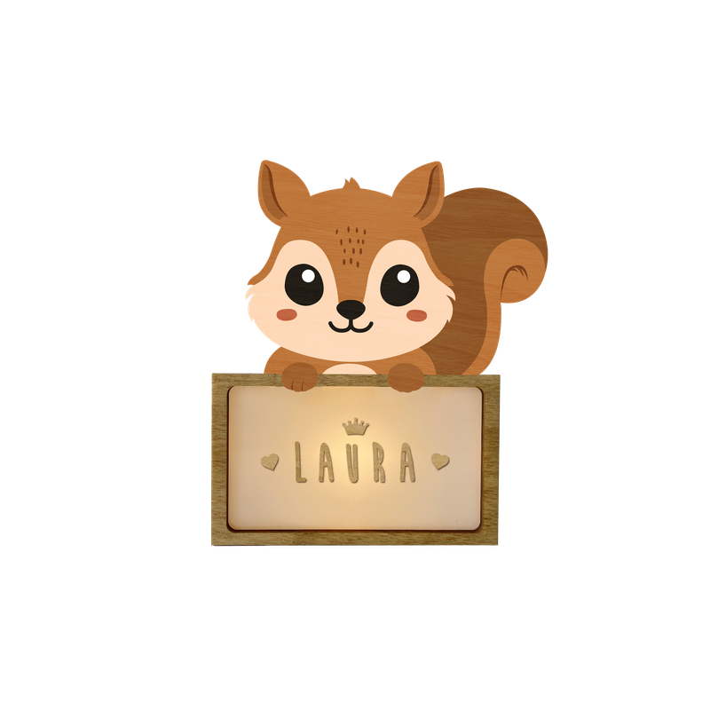 LÁMPARA MADERA PERSONALIZABLE modelo ARDILLA CON KIT DE LETRAS VINTIUN