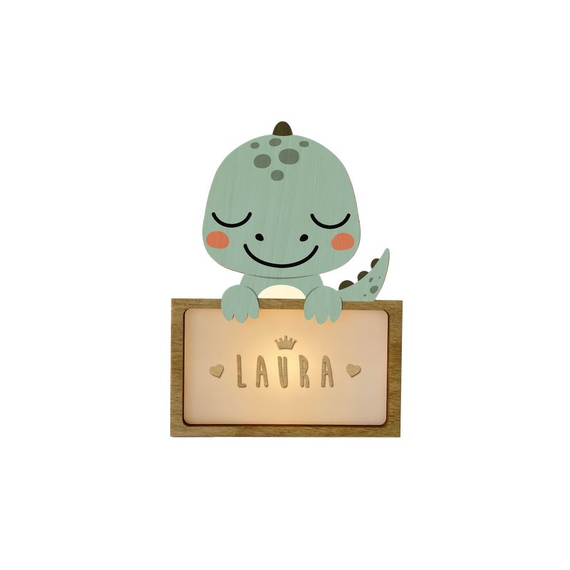 LÁMPARA MADERA PERSONALIZABLE modelo DINOSAURIO CON KIT DE LETRAS VINTIUN